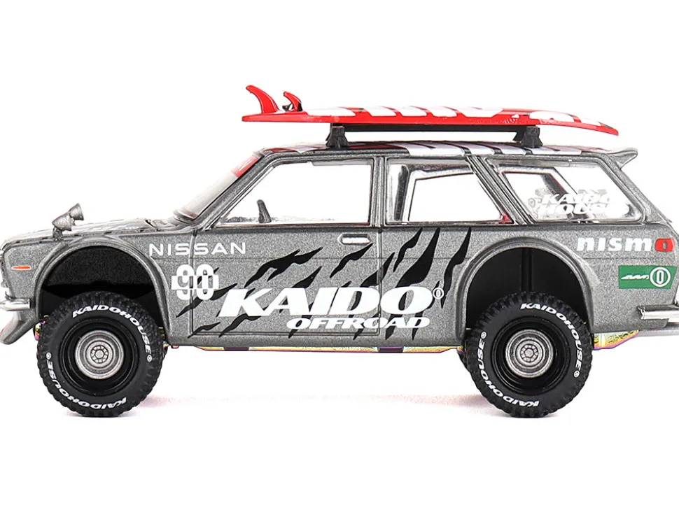 Datsun Kaido 510 Wagon 4x4 RHD (Right Hand Drive) "Kaido Offroad V1" Gray Metallic with Red Interior and Surfboards on Roof (Designed by Jun Imai) "Kaido House" Special 1/64 Diecast Model Car by Mini GT