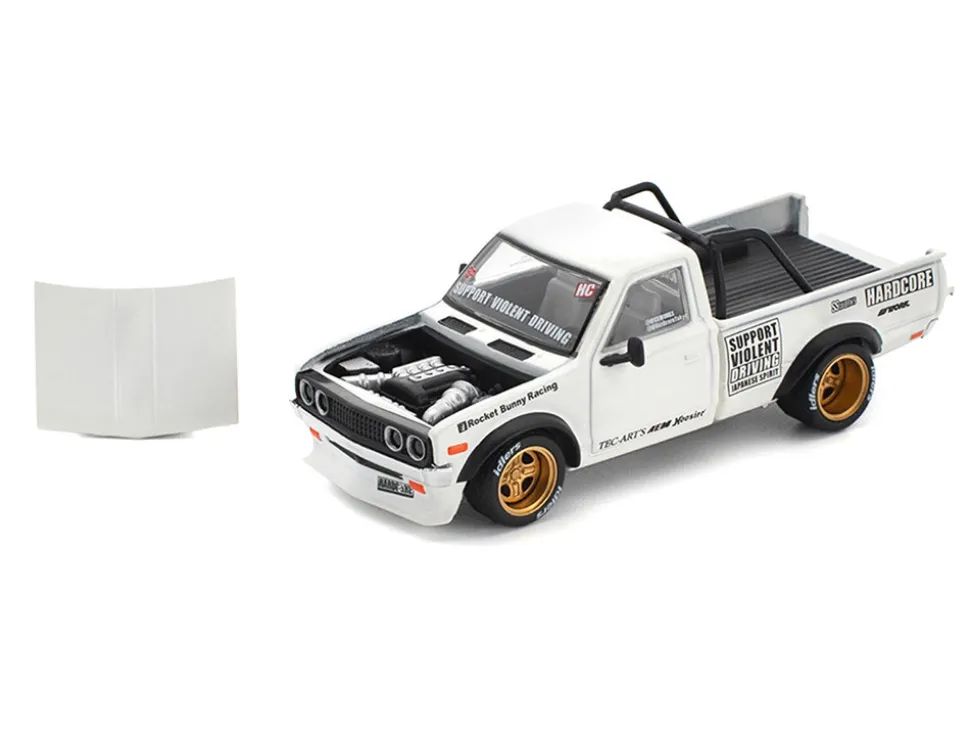 Datsun Pandem 620 Pickup Truck "Rocket Bunny Racing" White with Graphics 1/64 Diecast Model Car by Pop Race
