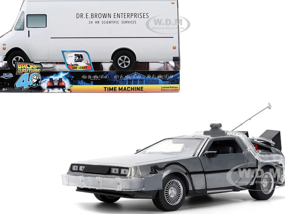DeLorean Brushed Metal Time Machine with Lights "Back to the Future" (1985) Movie "40th Anniversary" Special Packaging "Hollywood Rides" Series 1/24 Diecast Model Car by Jada