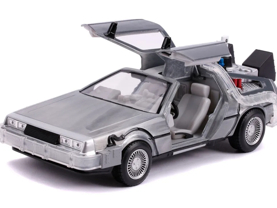 DeLorean Brushed Metal Time Machine with Lights Flying Version Back to the Future Part II 1989 Movie Hollywood Rides Series 1/24 Diecast Model Car Jada 31468