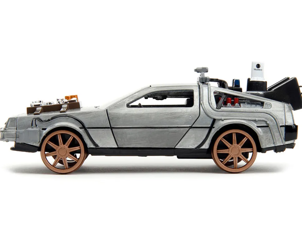 DeLorean DMC Time Machine Brushed Metal Train Wheel Version Back to the Future Part III 1990 Movie Hollywood Rides Series 1/32 Diecast Model Car Jada 34786