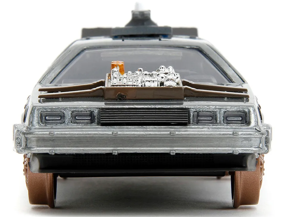 DeLorean DMC Time Machine Brushed Metal Train Wheel Version Back to the Future Part III 1990 Movie Hollywood Rides Series 1/32 Diecast Model Car Jada 34786