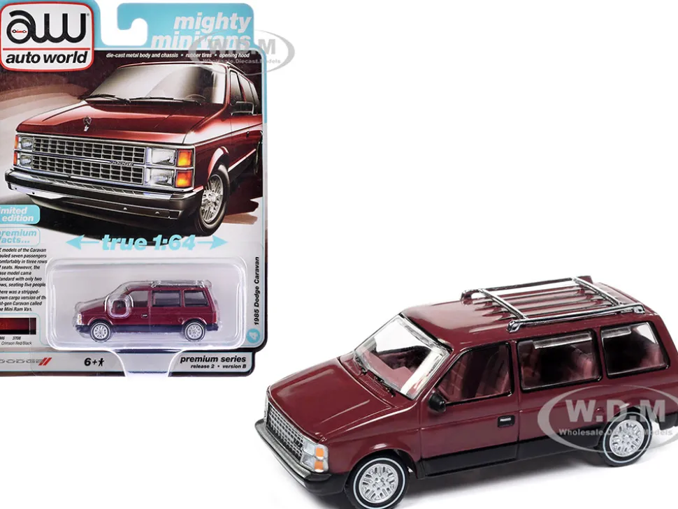 1985 Dodge Caravan Van Crimson Red and Black "Mighty Minivans" Series 1/64 Diecast Model Car by Auto World