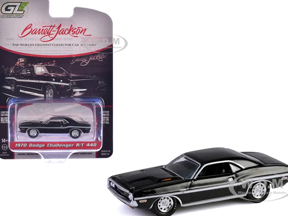 1970 Dodge Challenger R/T 440 Black with White Stripes "Barrett-Jackson" Series 15 1/64 Diecast Model Car by Greenlight