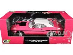 1970 Dodge Challenger R/T 440 Six Pack Panther Pink with Black Stripes, White Top and White Interior 1/18 Diecast Model Car by Greenlight