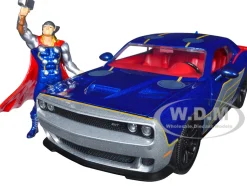 2015 Dodge Challenger SRT Hellcat Dark Blue Graphics Red Interior Thor Diecast Figure The Mighty Thor Marvel Series 1/24 Diecast Model Car Jada 32186