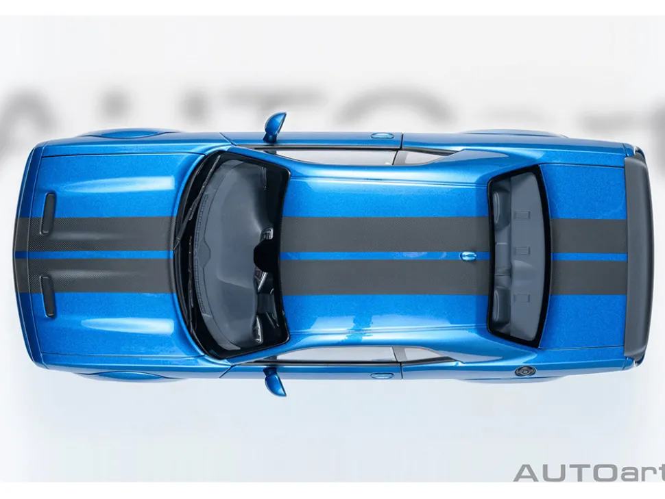 2023 Dodge Challenger SRT Super Stock Frostbite Blue Metallic with Carbon Stripes 1/18 Model Car by Autoart