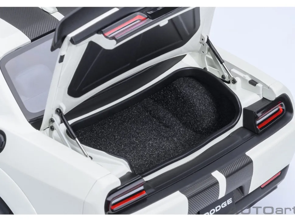 2023 Dodge Challenger SRT Super Stock Knuckle White with Carbon Stripes 1/18 Model Car by Autoart