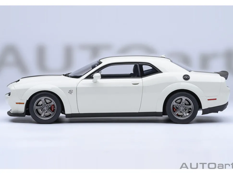 2023 Dodge Challenger SRT Super Stock Knuckle White with Carbon Stripes 1/18 Model Car by Autoart
