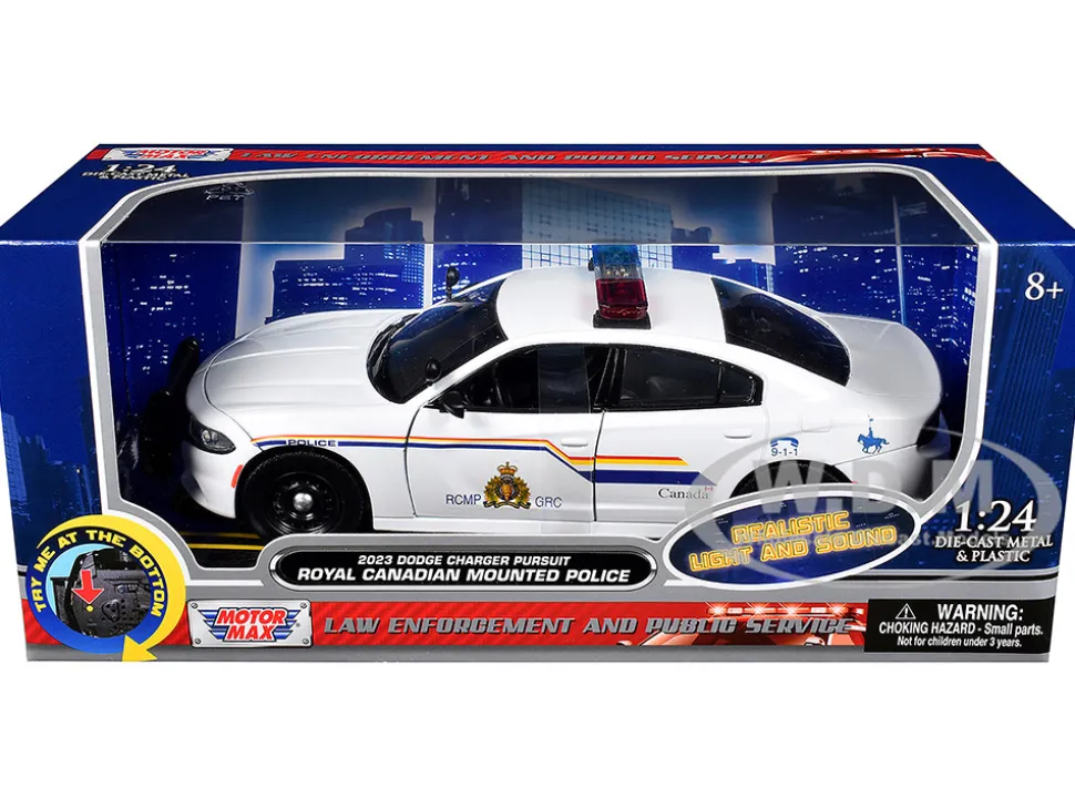 2023 Dodge Charger Pursuit Police Car "Royal Canadian Mounted Police (RCMP)" White with Flashing Light Bar and Front and Rear Lights and Sounds 1/24 Diecast Model Car by Motormax