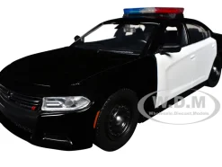 2023 Dodge Charger Pursuit Police Car Black and White with Flashing Light Bar, Front and Rear Lights and 2 Sounds "Builder's Kit" 1/24 Diecast Model Car by Motormax