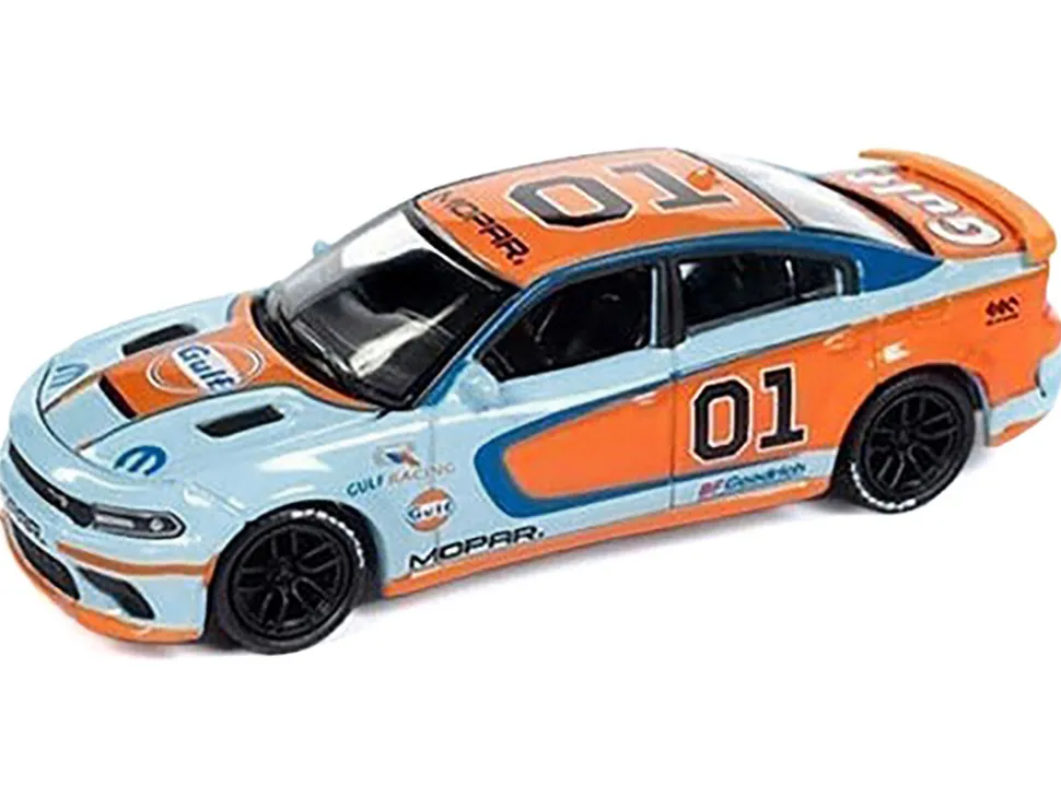 2021 Dodge Charger SRT Hellcat #01 "Gulf Oil-MOPAR" Light Blue and Orange Limited Edition to 4800 pieces Worldwide 1/64 Diecast Model Car by Auto World