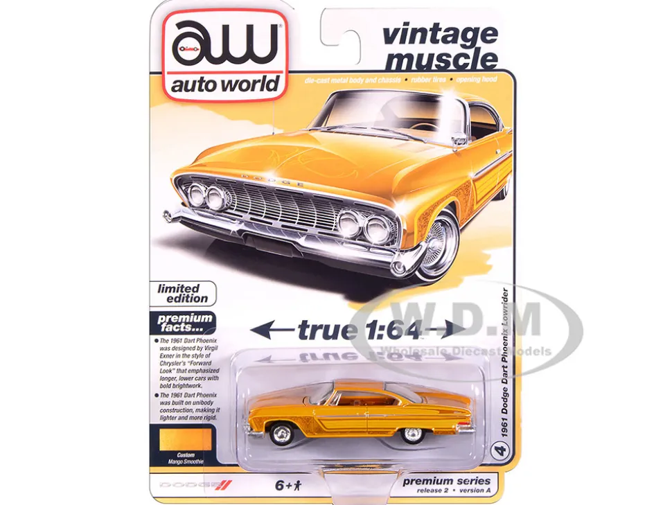 1961 Dodge Dart Phoenix Lowrider Mango Smoothie Metallic with Graphics and Orange Interior "Vintage Muscle" Series 1/64 Diecast Model Car by Auto World