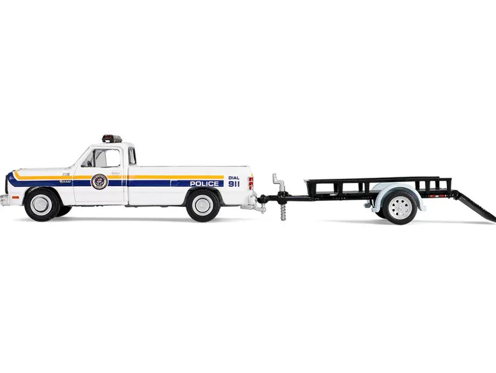 1990 Dodge Ram D250 Pickup Truck "Philadelphia, PA Police Department" White with Stripes and Utility Trailer "Hot Pursuit Hitch & Tow" Series 1 1/64 Diecast Model Cars by Greenlight