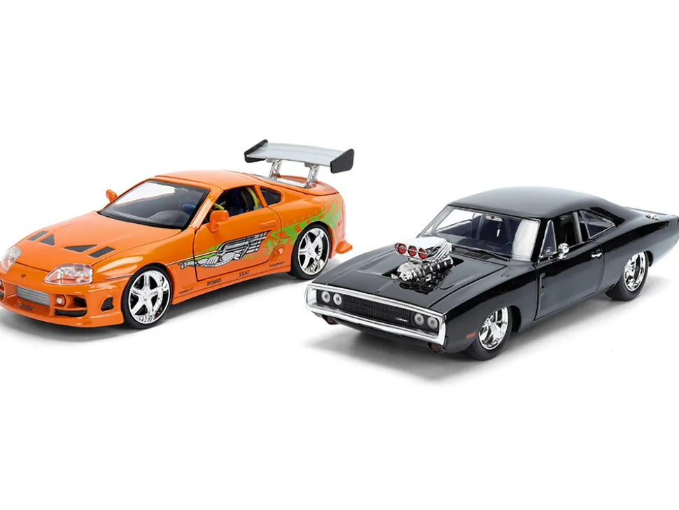 Dom's 1970 Dodge Charger R/T Black and Brian's Toyota Supra Orange with Graphics Set of 2 Cars "Fast & Furious 25th Anniversary" "Fast & Furious" Series 1/24 Diecast Model Cars by Jada