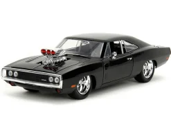 Dom's 1970 Dodge Charger R/T Black and Brian's Toyota Supra Orange with Graphics Set of 2 Cars
