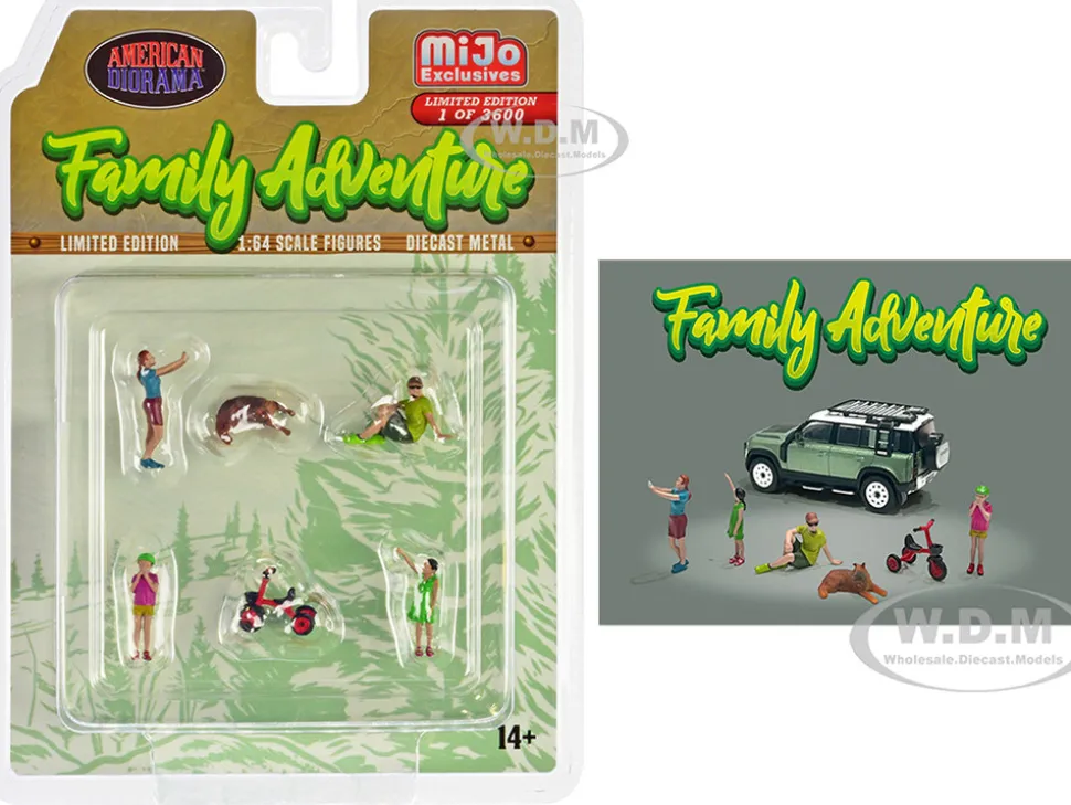 Family Adventure 6 piece Diecast Figure Set 4 Figures 1 Dog 1 Tricycle Limited Edition to 3600 pieces Worldwide 1/64 Scale Models American Diorama AD-76513MJ