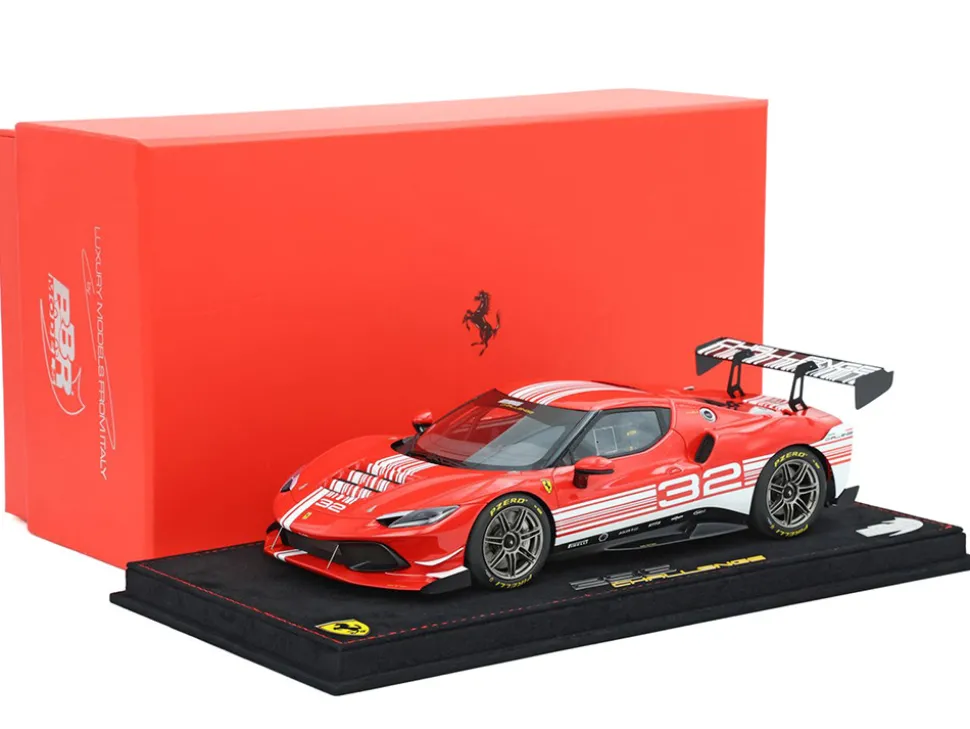 2023 Ferrari 296 Challenge #32 "Launch Version" Red with White Stripes with DISPLAY CASE Limited Edition to 296 pieces Worldwide 1/18 Model Car by BBR