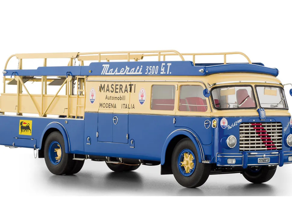 Fiat 642 RN2 Bartoletti Car Transporter "Maserati Racing" Blue and Cream 1/18 Diecast Model Car by CMC