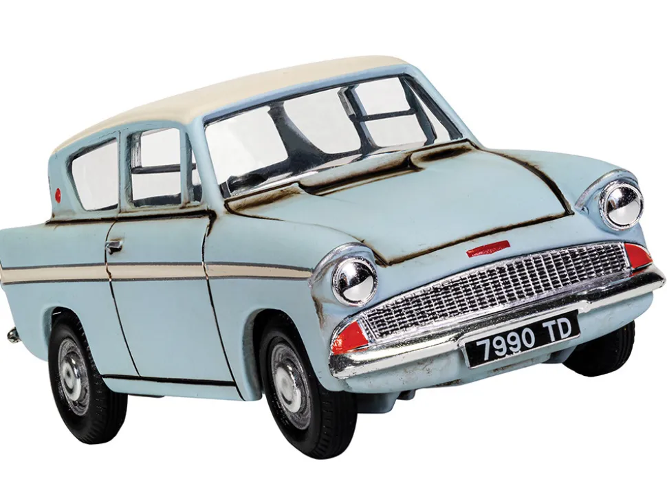 Flying Ford Anglia RHD (Right Hand Drive) Light Blue with White Top (Weathered) with Harry and Ron Figures "Harry Potter" Movie Series Diecast Model Car by Corgi