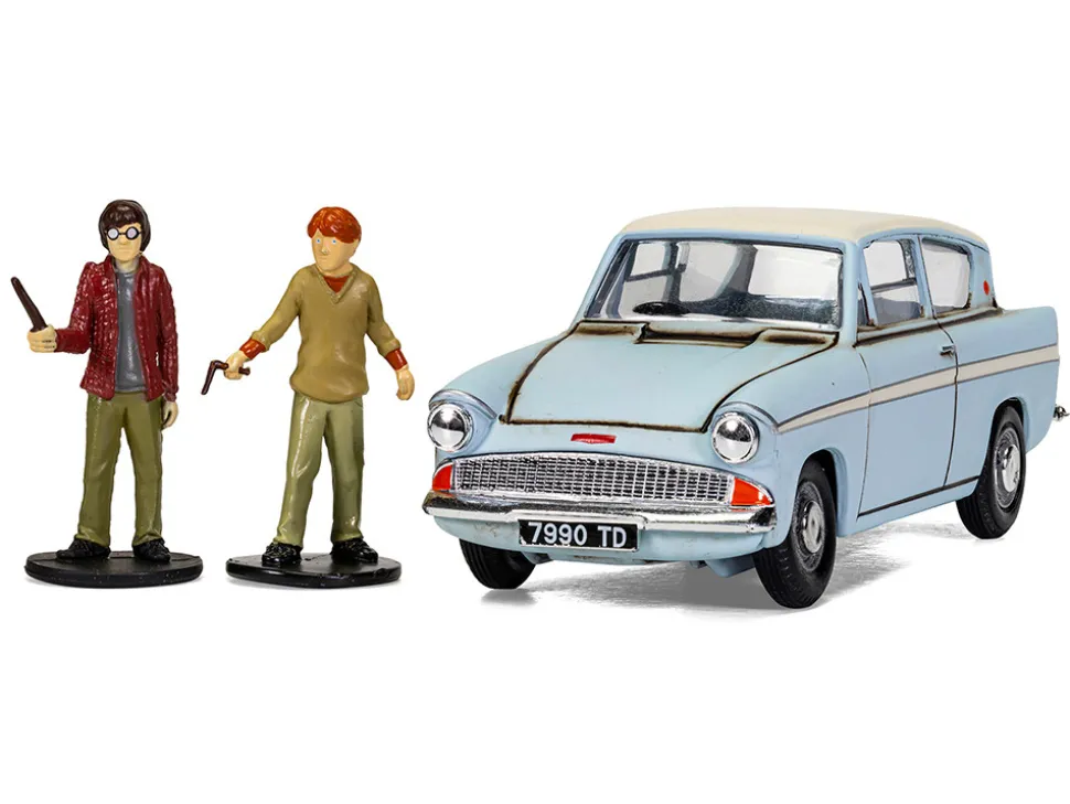 Flying Ford Anglia RHD (Right Hand Drive) Light Blue with White Top (Weathered) with Harry and Ron Figures "Harry Potter" Movie Series Diecast Model Car by Corgi