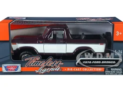 1978 Ford Bronco Ranger XLT Open Top Spare Tire Burgundy Metallic White Timeless Legends Series 1/24 Diecast Model Car Motormax 79372