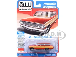 1964 Ford Country Squire Poppy Red with Woodgrain Sides "Muscle Wagons" Series 1/64 Diecast Model Car by Auto World