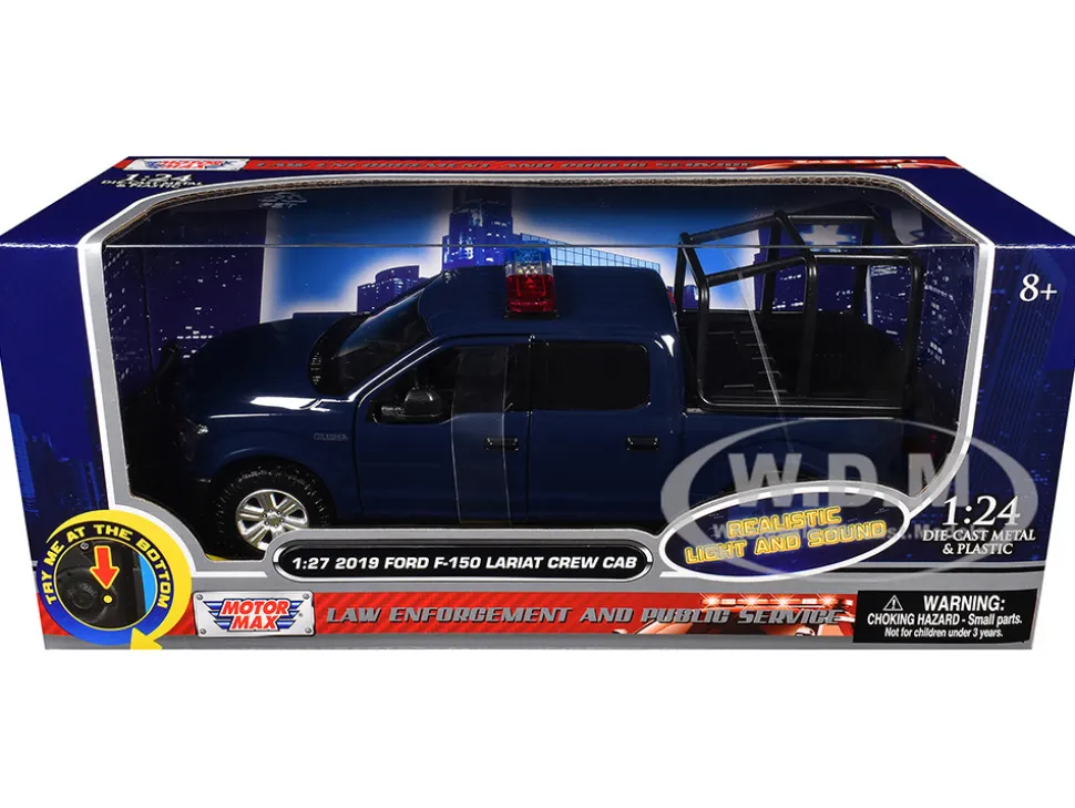 2019 Ford F-150 Lariat Crew Cab Pickup Truck with Bed Cage Dark Blue with Flashing Light Bar and Front and Rear Lights and Sounds 1/27 Diecast Model Car by Motormax