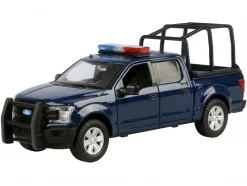 2019 Ford F-150 Lariat Crew Cab Pickup Truck with Bed Cage Dark Blue with Flashing Light Bar and Front and Rear Lights and Sounds 1/27 Diecast Model Car by Motormax