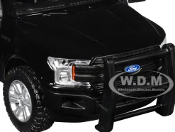 2019 Ford F-150 Lariat Crew Cab Pickup Truck with Bed Cage Black and White with Flashing Light Bar and Front and Rear Lights and Sounds 1/27 Diecast Model Car by Motormax