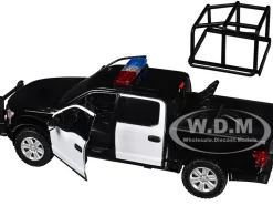 2019 Ford F-150 Lariat Crew Cab Pickup Truck with Bed Cage Black and White with Flashing Light Bar and Front and Rear Lights and Sounds 1/27 Diecast Model Car by Motormax