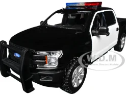 2019 Ford F-150 Lariat Crew Cab Pickup Truck Black and White with Flashing Light Bar and Front and Rear Lights and Sounds 1/27 Diecast Model Car by Motormax