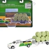 Ford F-350 Pickup Truck "John Deere" White and Green with Flatbed Trailer and Bales 1/64 Diecast Model by ERTL TOMY