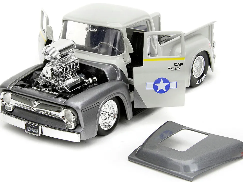 1956 Ford F-100 Pickup Truck Tan and Gray Metallic and Guile Diecast Figure Street Fighter Video Game Anime Hollywood Rides Series 1/24 Diecast Model Car Jada 34373