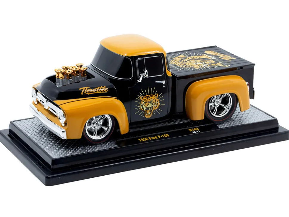 1956 Ford F-100 Pickup Truck "Throttle" Black with Brown Top and Fenders with Graphics Limited Edition to 6250 pieces Worldwide 1/24 Diecast Model Car by M2 Machines
