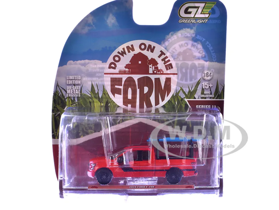 2015 Ford F-150 Pickup Truck with Ladder Rack Red with Black Stripes "Down on the Farm" Series 11 1/64 Diecast Model by Greenlight