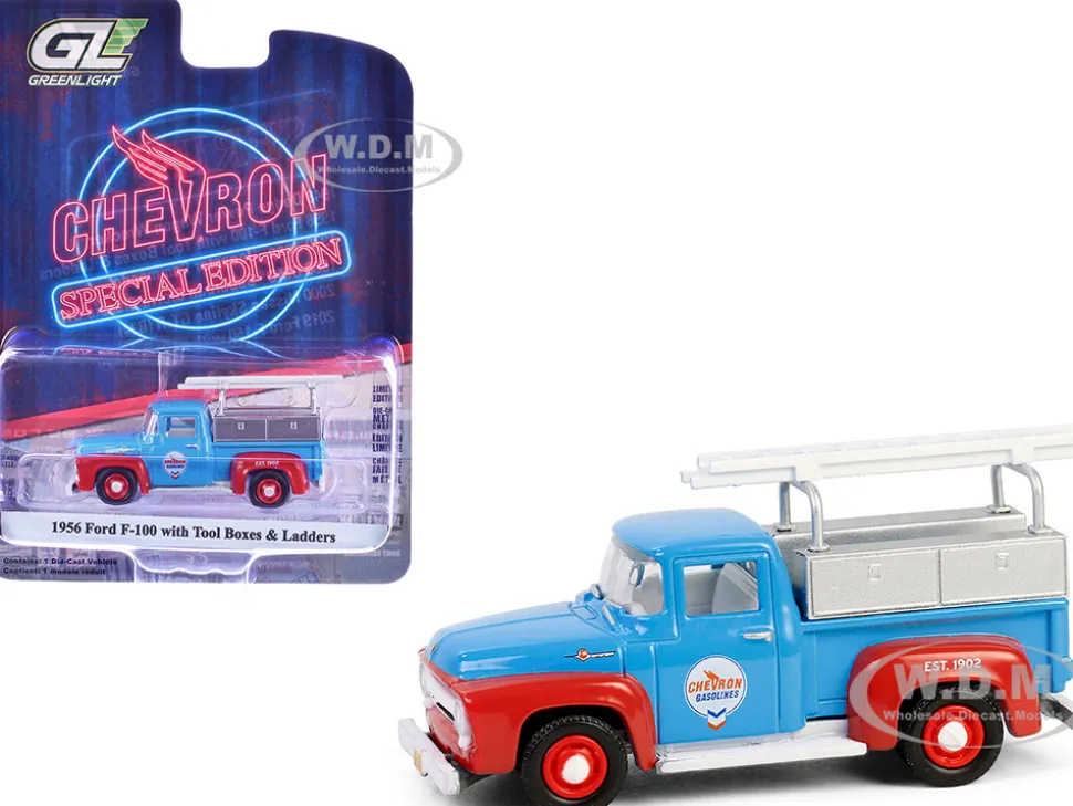 1956 Ford F-100 Pickup Truck with Tool Boxes and Ladders "Chevron" Blue and Red "Chevron Special Edition" Series 1 1/64 Diecast Model Car by Greenlight