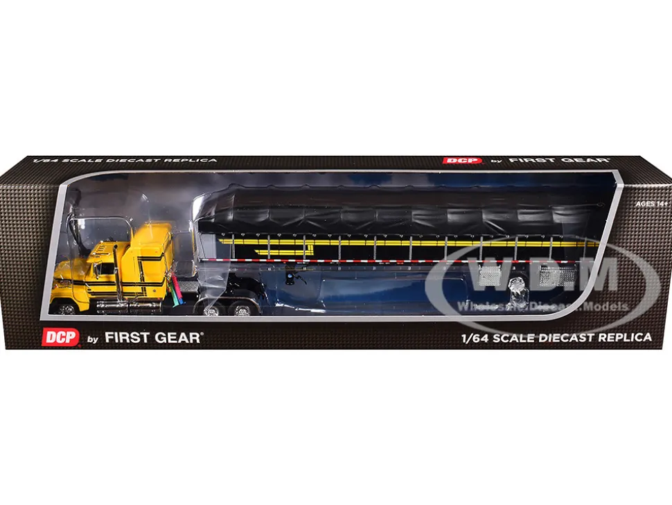 Ford LTL 9000 with 60" Aerodyne Sleeper and 53' Wilson Roadbrute Flatbed Trailer with Covered Wagon Yellow with Black Stripes 1/64 Diecast Model by DCP/First Gear