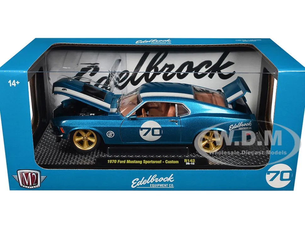 1970 Ford Mustang Sportsroof #70 Blue Metallic with White Stripes Limited Edition to 4050 pieces Worldwide 1/24 Diecast Model Car by M2 Machines