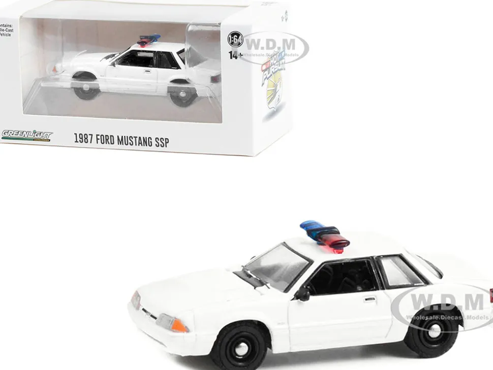 1987 1993 Ford Mustang SSP White Police Car with Light Bar Hot Pursuit Hobby Exclusive Series 1/64 Diecast Model Car by Greenlight GL43008L
