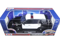 2015 Ford Police Interceptor Utility Black and White with Flashing Light Bar, Front and Rear Lights and 2 Sounds 1/18 Diecast Model Car Motormax 73996