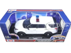 2015 Ford Police Interceptor Utility White with Flashing Light Bar, Front and Rear Lights and 2 Sounds 1/18 Diecast Model Car Motormax 73995
