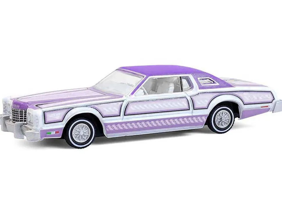 1973 Ford Thunderbird Lowrider "Michael Heralda Special Edition" Purple Metallic with Graphics and White Interior "Hobby Exclusive" Series 1/64 Diecast Model Car by Greenlight