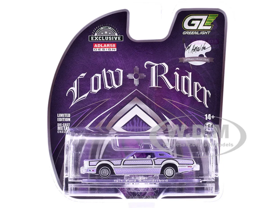 1973 Ford Thunderbird Lowrider "Michael Heralda Special Edition" Purple Metallic with Graphics and White Interior "Hobby Exclusive" Series 1/64 Diecast Model Car by Greenlight