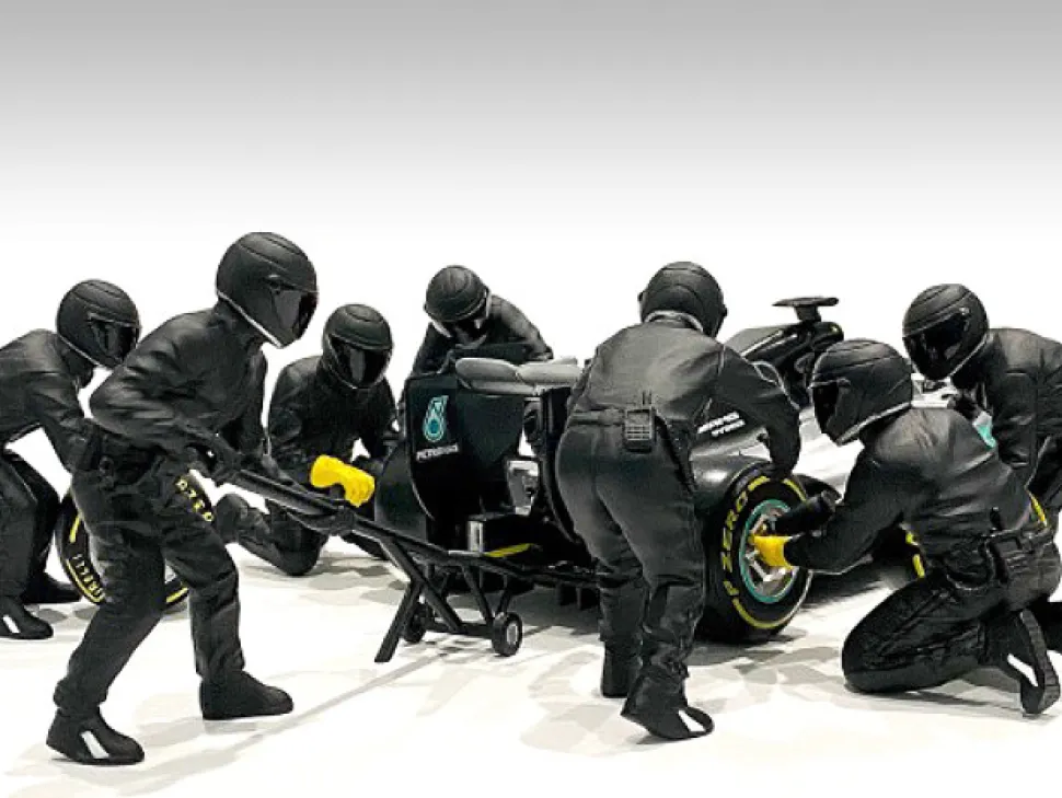 Formula One F1 Pit Crew 7 Figurine Set Team Black Release II 1/43 Scale Models American Diorama 38386