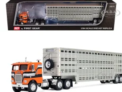 Freightliner COE and 45' Wilson Vintage Livestock Trailer Orange with Stripes 1/64 Diecast Model by DCP/First Gear