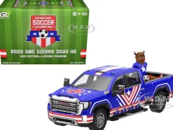 2022 GMC Sierra 3500 HD Pickup Truck Blue with American Soccer Graphics with Bison Figure "International Soccer Celebration '26" Series 1/64 Diecast Model Car by Greenlight
