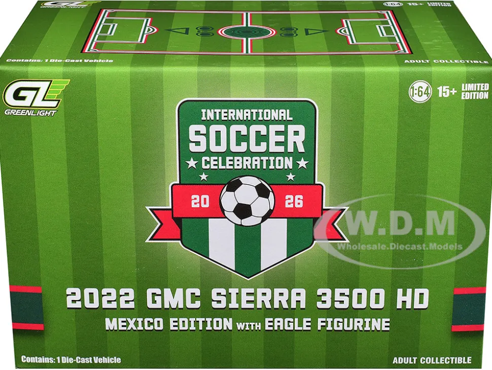 2022 GMC Sierra 3500 HD Pickup Truck Green with Mexican Soccer Graphics with Eagle Figure "International Soccer Celebration '26" Series 1/64 Diecast Model Car by Greenlight