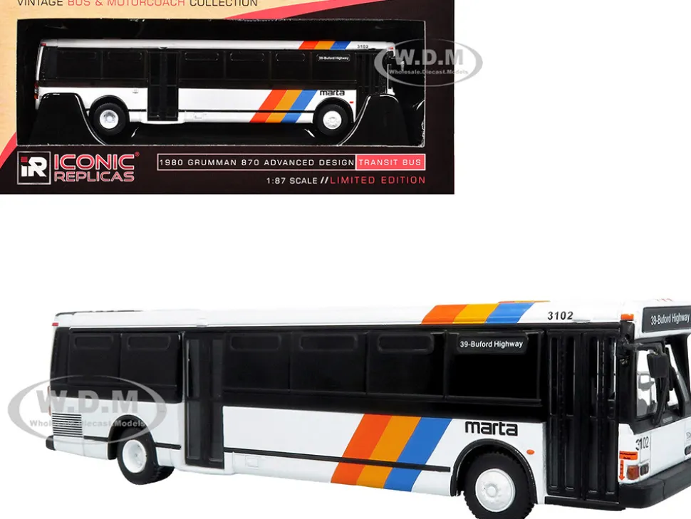 1980 Grumman 870 Advanced Design Transit Bus "MARTA Atlanta" White with Stripes "Vintage Bus & Motorcoach Collection" Limited Edition 1/87 (HO) Diecast Model by Iconic Replicas