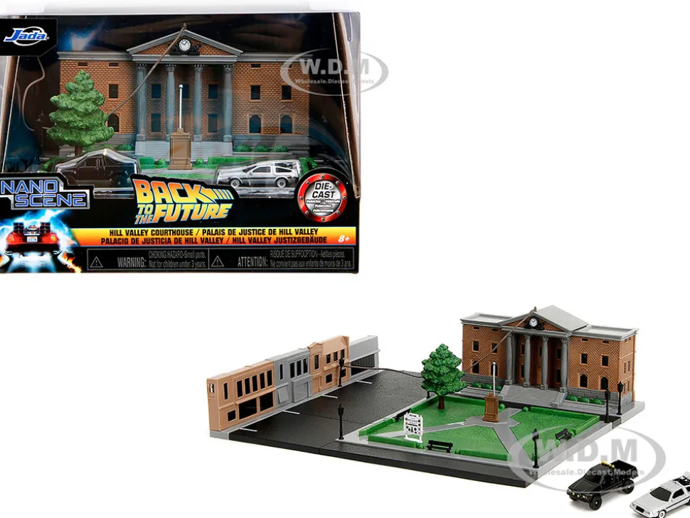 Hill Valley Courthouse Diorama with Black Pickup Truck and Delorean "Back to the Future" (1985) Movie "Nano Scene" Series Model by Jada